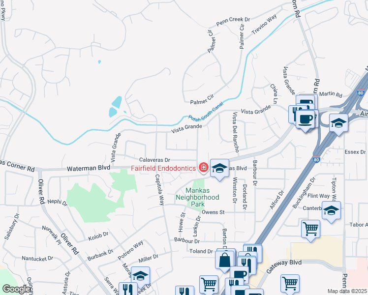 map of restaurants, bars, coffee shops, grocery stores, and more near 2143 Trinidad Place in Fairfield