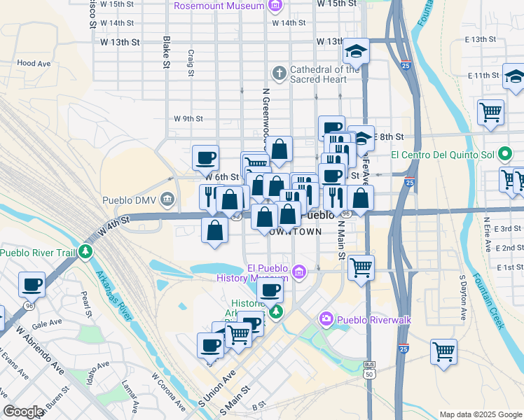 map of restaurants, bars, coffee shops, grocery stores, and more near 404 N Greenwood St in Pueblo