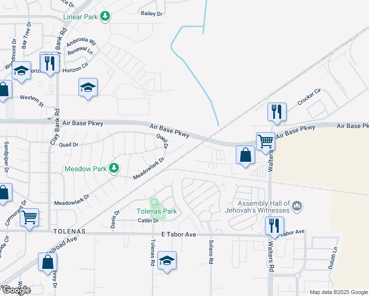 map of restaurants, bars, coffee shops, grocery stores, and more near 2249 Atherton Court in Fairfield
