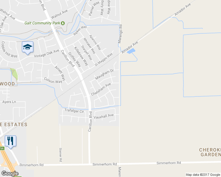 map of restaurants, bars, coffee shops, grocery stores, and more near 1131 McAlta Court in Galt