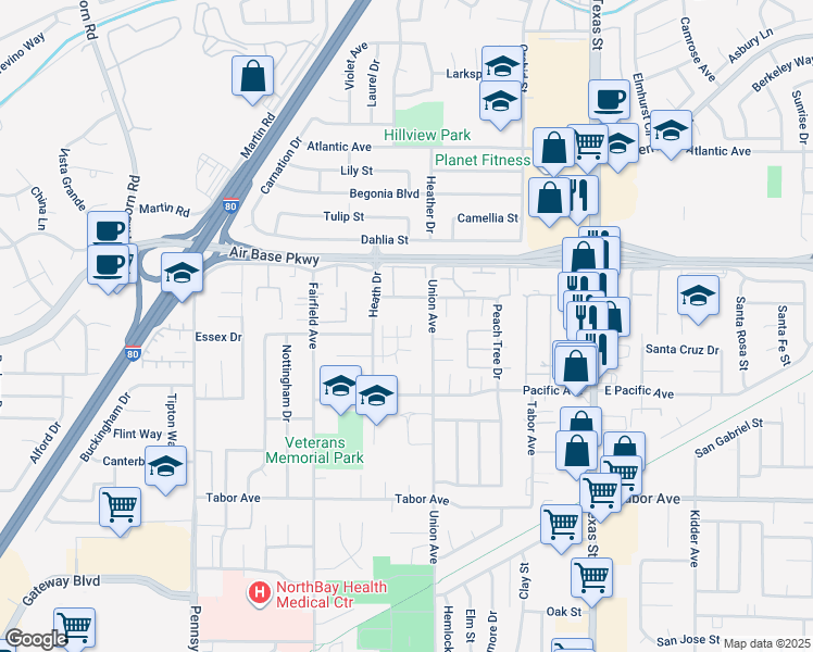 map of restaurants, bars, coffee shops, grocery stores, and more near 2297 Wareham Court in Fairfield