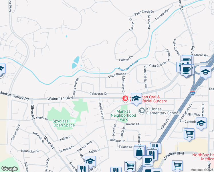 map of restaurants, bars, coffee shops, grocery stores, and more near 2938 Carmel Way in Fairfield
