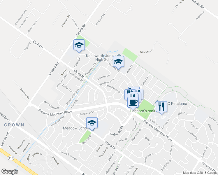 map of restaurants, bars, coffee shops, grocery stores, and more near 741 Mayflower Street in Petaluma