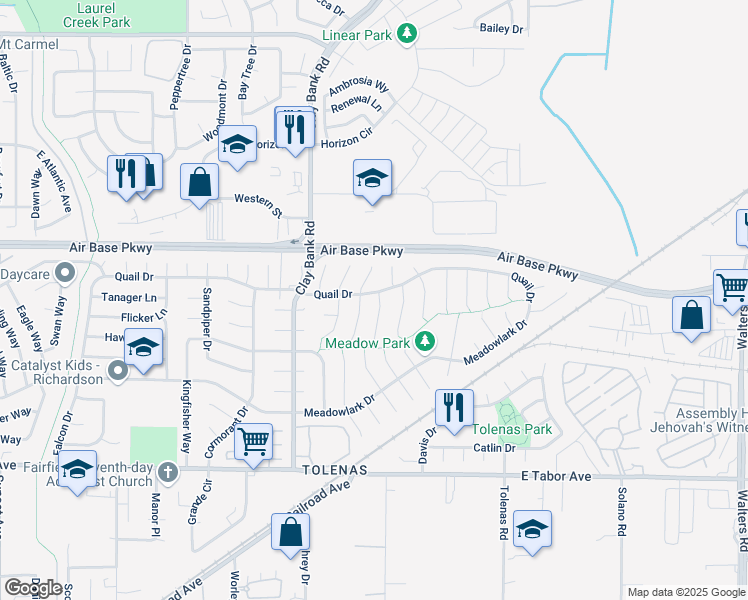 map of restaurants, bars, coffee shops, grocery stores, and more near 2293 Emerson Place in Fairfield