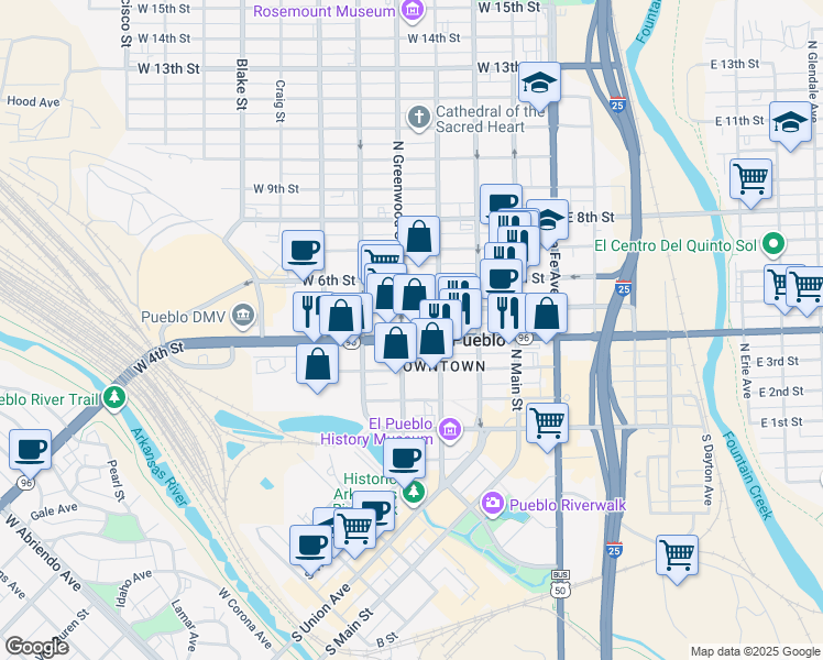 map of restaurants, bars, coffee shops, grocery stores, and more near 404 N Greenwood St in Pueblo