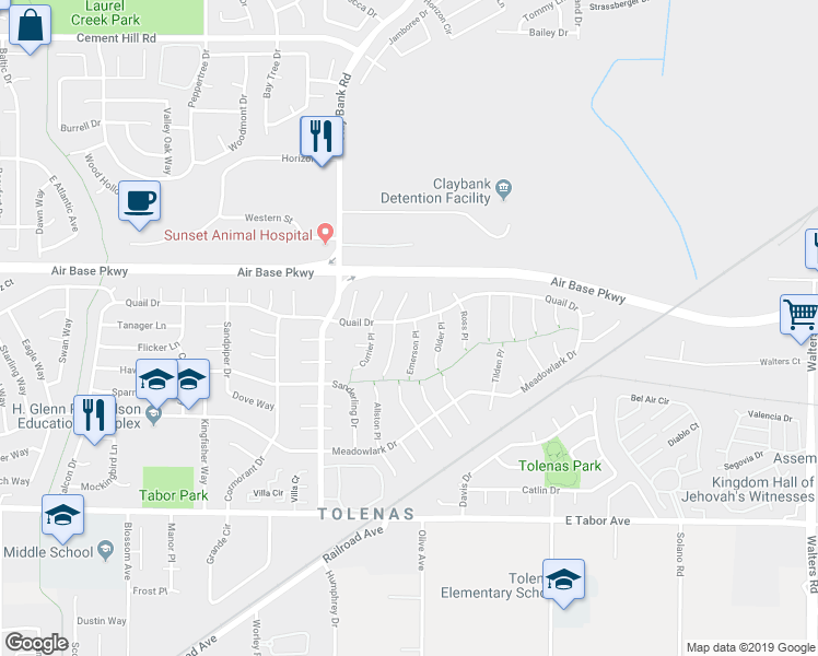 map of restaurants, bars, coffee shops, grocery stores, and more near 2293 Emerson Place in Fairfield