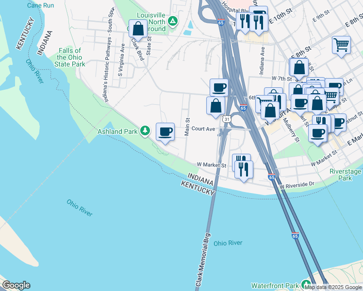 map of restaurants, bars, coffee shops, grocery stores, and more near 1435 Woerner Avenue in Clarksville