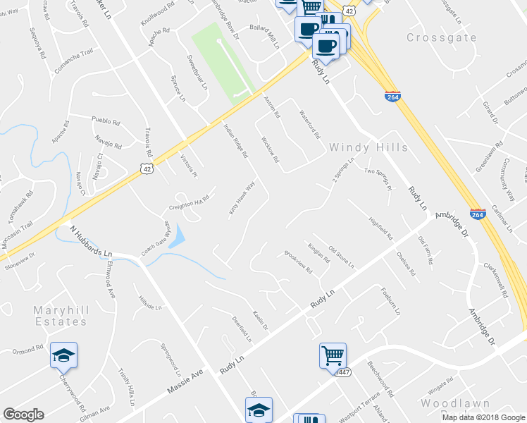 map of restaurants, bars, coffee shops, grocery stores, and more near 607 Indian Ridge Road in Louisville