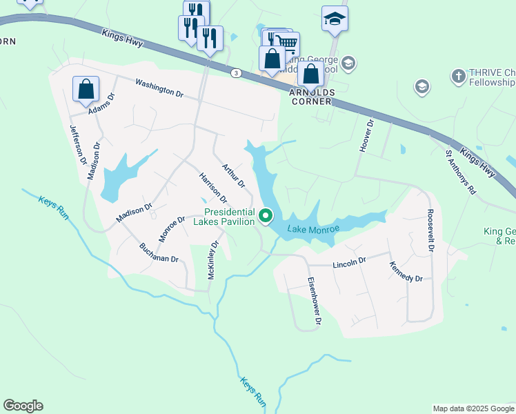 map of restaurants, bars, coffee shops, grocery stores, and more near 10263 Arthur Drive in King George