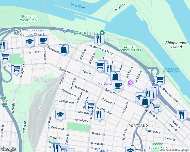 map of restaurants, bars, coffee shops, grocery stores, and more near 525 North 27th Street in Louisville