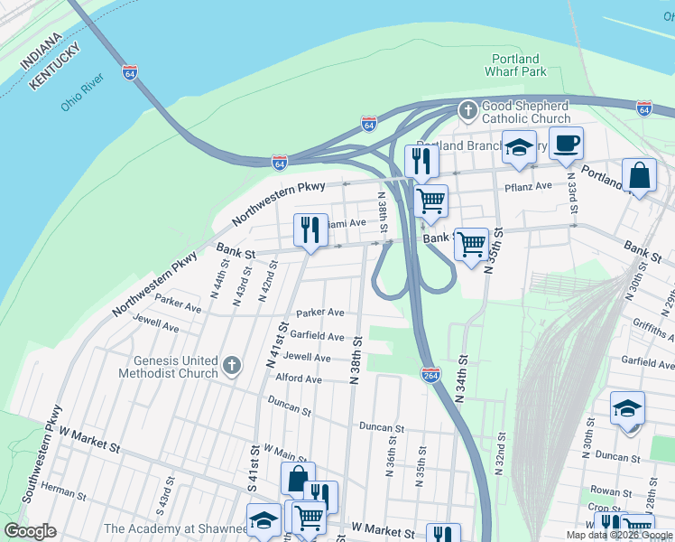 map of restaurants, bars, coffee shops, grocery stores, and more near 3813 Wewoka Avenue in Louisville