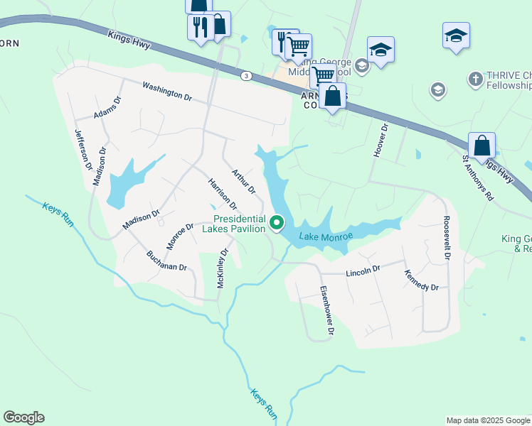 map of restaurants, bars, coffee shops, grocery stores, and more near 10263 Arthur Drive in King George