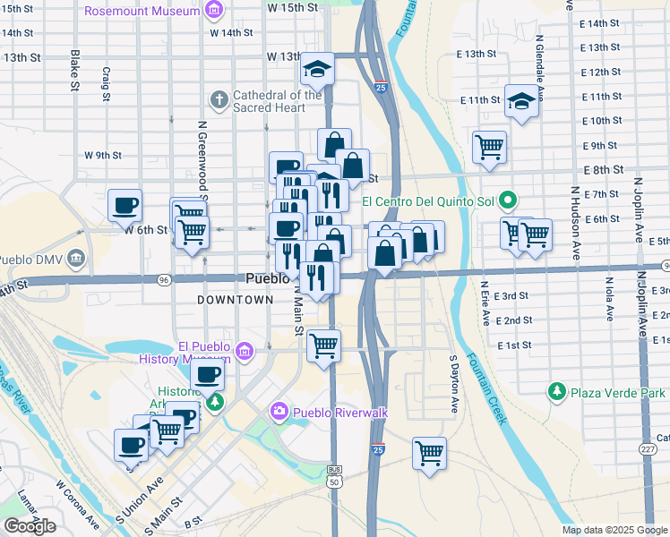 map of restaurants, bars, coffee shops, grocery stores, and more near 408 U.S. 50 Business in Pueblo