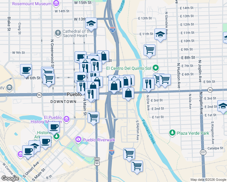 map of restaurants, bars, coffee shops, grocery stores, and more near 221 East 4th Street in Pueblo