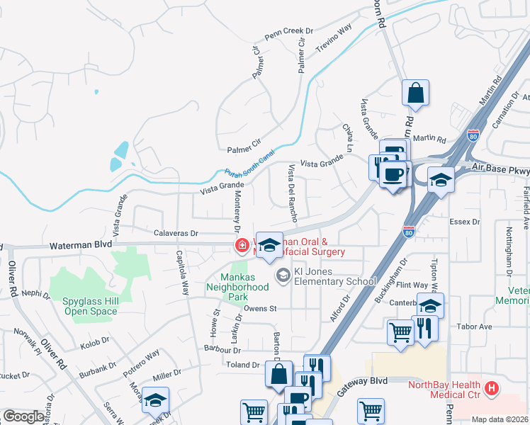 map of restaurants, bars, coffee shops, grocery stores, and more near 2751 Vista Buena in Fairfield