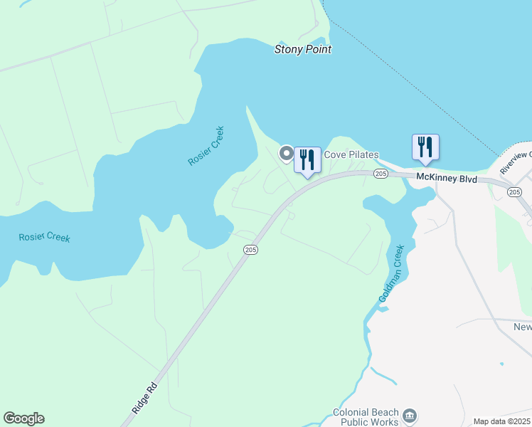 map of restaurants, bars, coffee shops, grocery stores, and more near 40 Rosier Lane in Colonial Beach