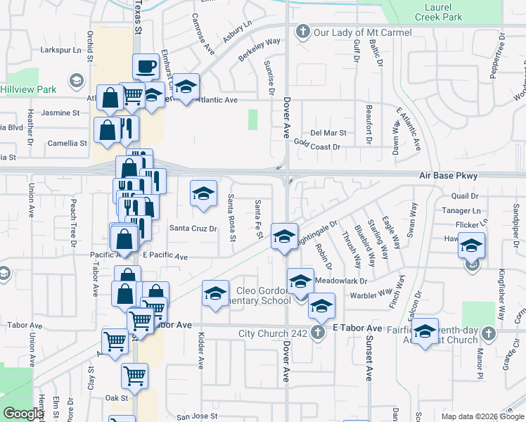 map of restaurants, bars, coffee shops, grocery stores, and more near 2272 Santa Fe Street in Fairfield