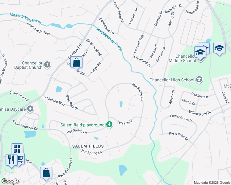 map of restaurants, bars, coffee shops, grocery stores, and more near 11304 Currituck Court in Fredericksburg
