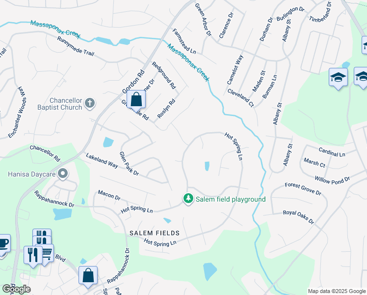 map of restaurants, bars, coffee shops, grocery stores, and more near 6130 Hot Spring Lane in Fredericksburg