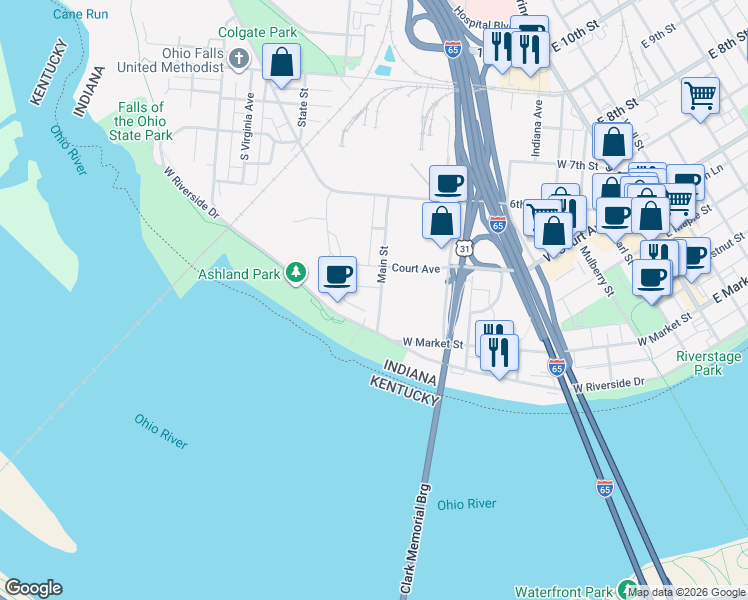 map of restaurants, bars, coffee shops, grocery stores, and more near 1435 Woerner Avenue in Clarksville