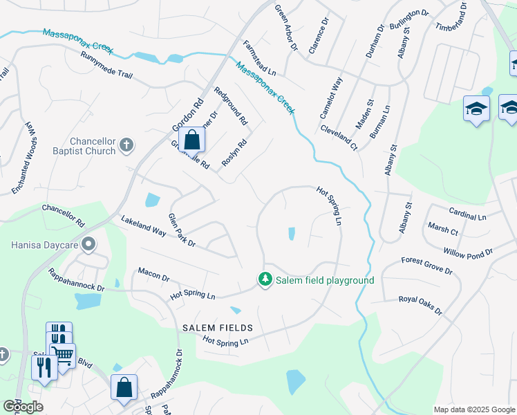 map of restaurants, bars, coffee shops, grocery stores, and more near 6130 Hot Spring Lane in Fredericksburg