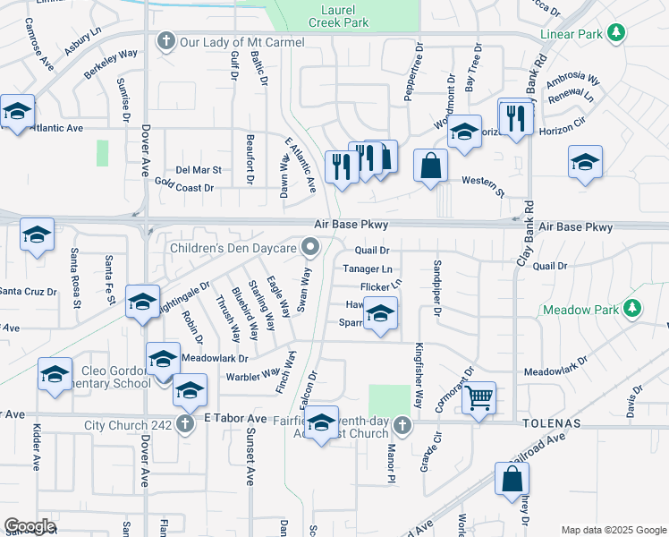 map of restaurants, bars, coffee shops, grocery stores, and more near Falcon Dr & Tanager Ln in Fairfield