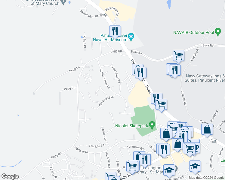 map of restaurants, bars, coffee shops, grocery stores, and more near 21972 Spring Valley Drive in Lexington Park