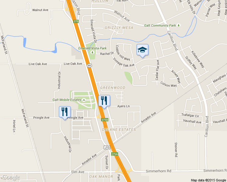 map of restaurants, bars, coffee shops, grocery stores, and more near Lyonia Drive & Ashboro Lane in Galt