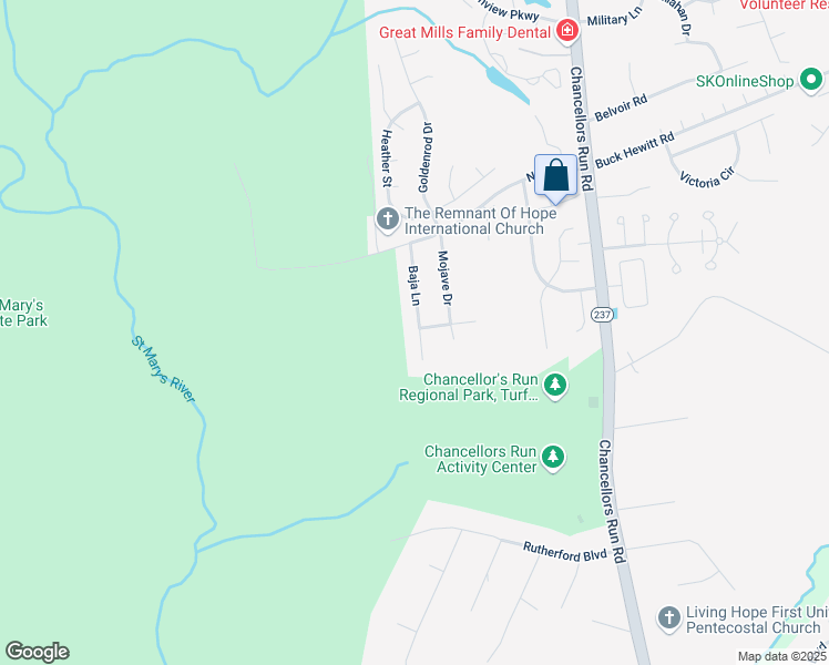 map of restaurants, bars, coffee shops, grocery stores, and more near 21975 Baja Lane in Great Mills