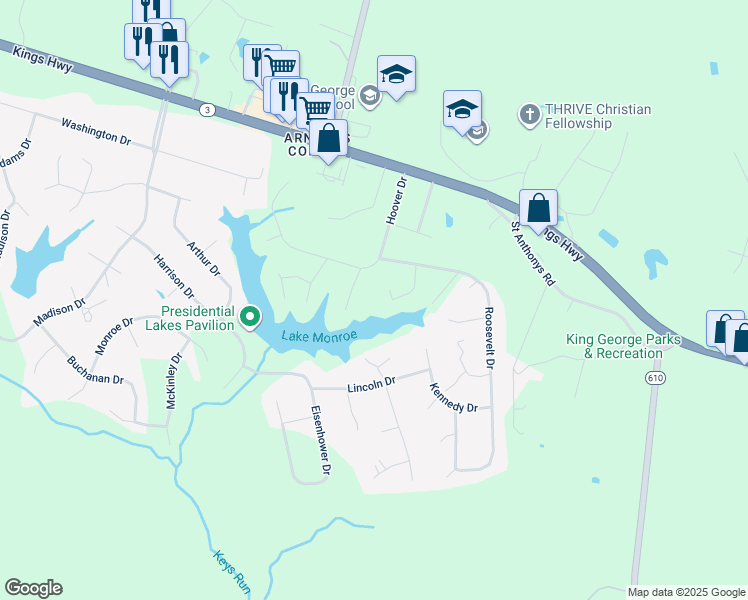 map of restaurants, bars, coffee shops, grocery stores, and more near 8277 Truman Drive in King George