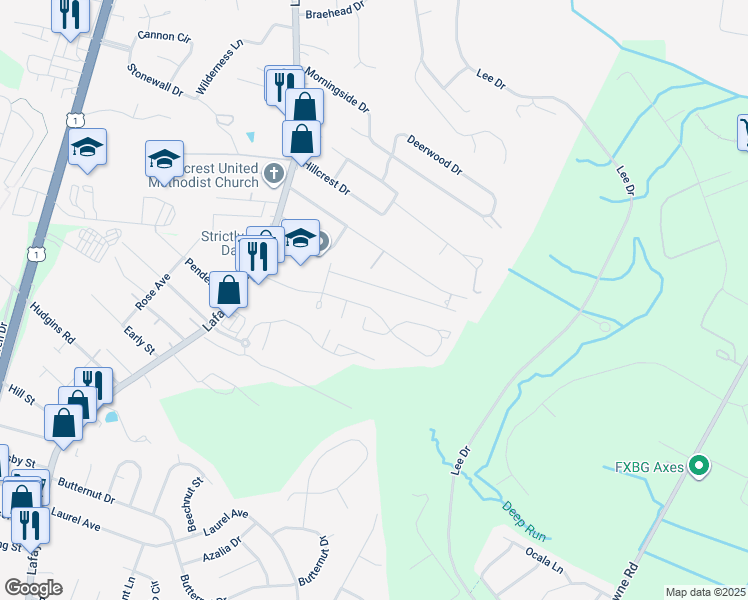 map of restaurants, bars, coffee shops, grocery stores, and more near 301 Olde Greenwich Drive in Fredericksburg