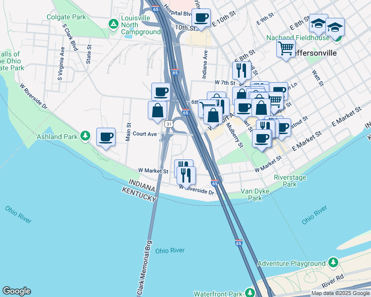 map of restaurants, bars, coffee shops, grocery stores, and more near 640 North Shore Drive in Jeffersonville