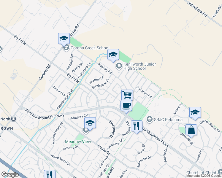 map of restaurants, bars, coffee shops, grocery stores, and more near 1801 Foxboro Street in Petaluma