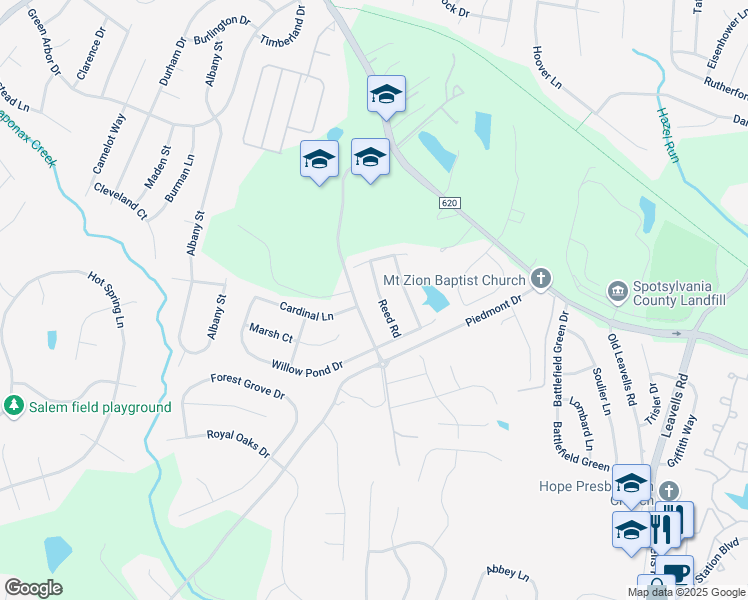 map of restaurants, bars, coffee shops, grocery stores, and more near 11410 Reed Road in Fredericksburg
