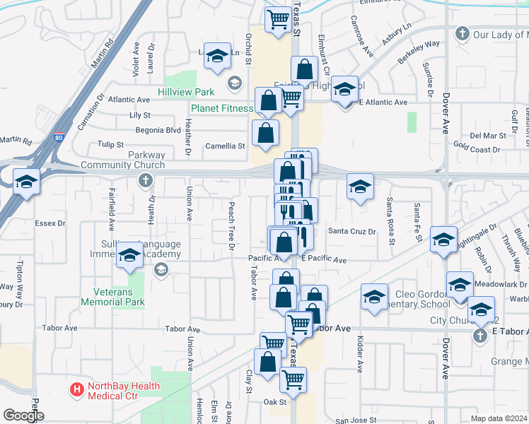 map of restaurants, bars, coffee shops, grocery stores, and more near 50 Anza Court in Fairfield