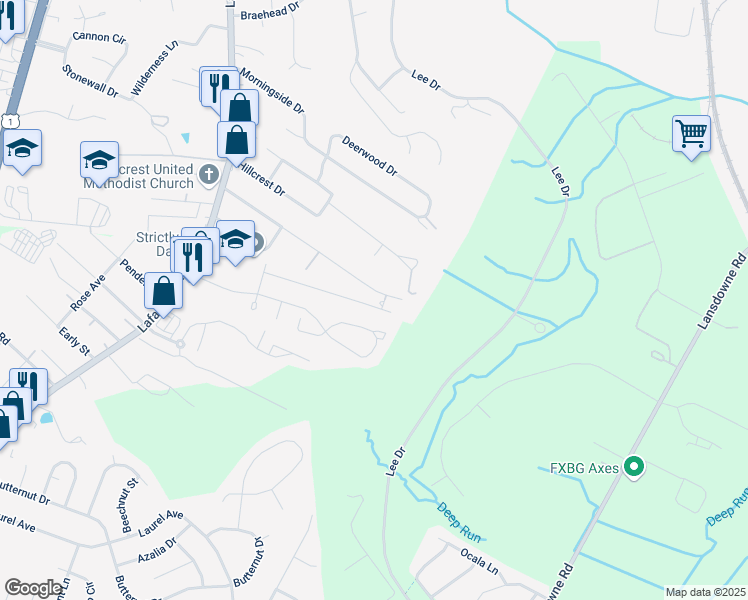 map of restaurants, bars, coffee shops, grocery stores, and more near 236 Farrell Lane in Fredericksburg