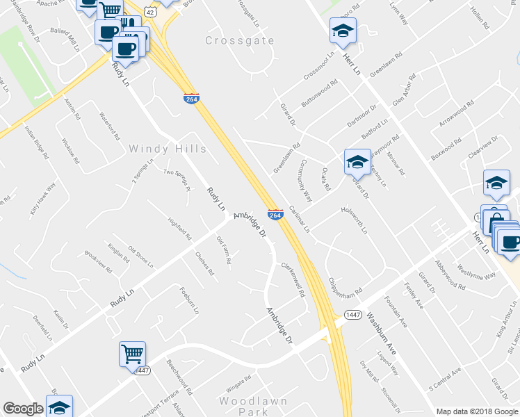 map of restaurants, bars, coffee shops, grocery stores, and more near 6810 Taxham Court in Louisville