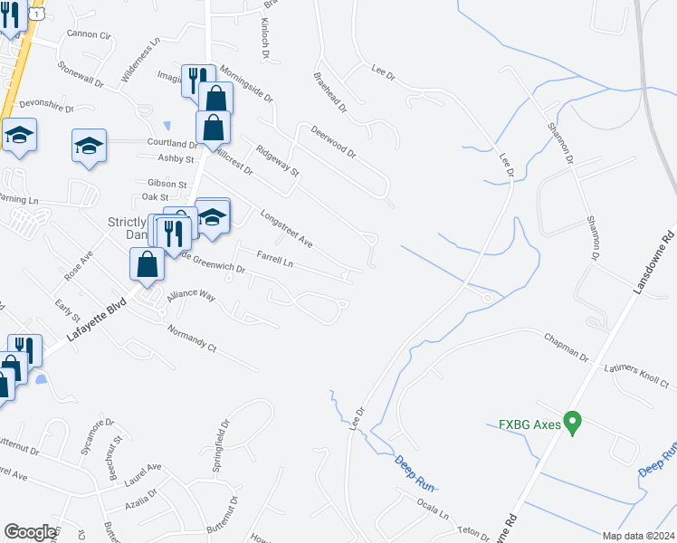 map of restaurants, bars, coffee shops, grocery stores, and more near 236 Farrell Lane in Fredericksburg
