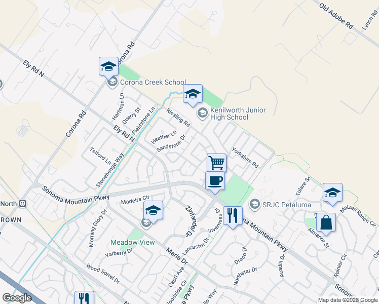 map of restaurants, bars, coffee shops, grocery stores, and more near 1801 Foxboro Street in Petaluma