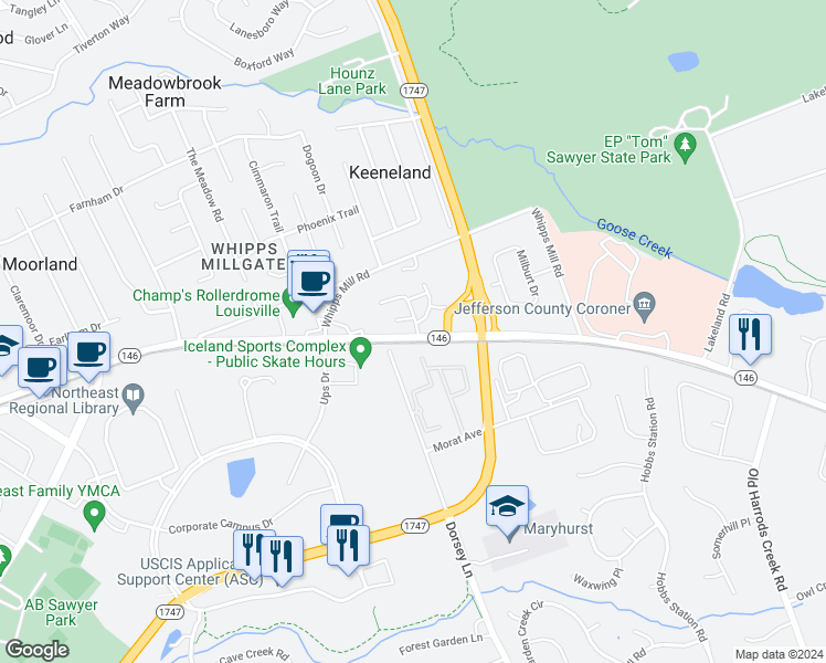 map of restaurants, bars, coffee shops, grocery stores, and more near 804 Granite Drive in Louisville