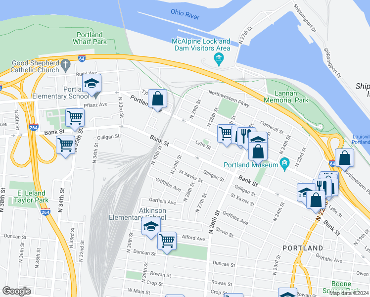 map of restaurants, bars, coffee shops, grocery stores, and more near 2901 Bank Street in Louisville