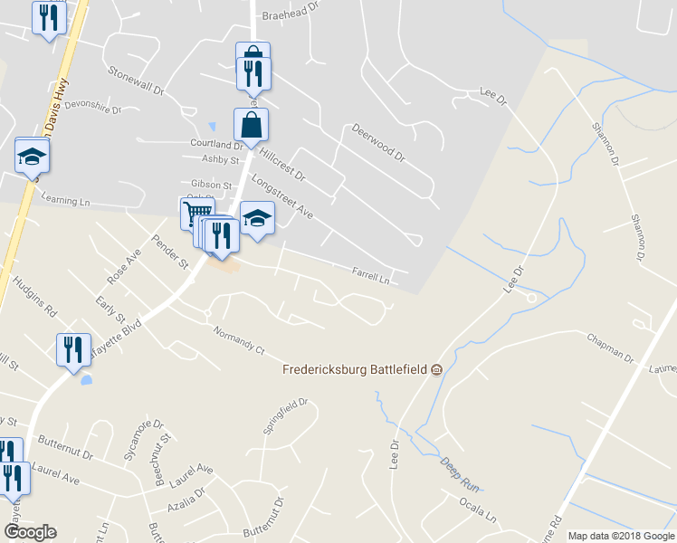 map of restaurants, bars, coffee shops, grocery stores, and more near 181 Farrell Lane in Fredericksburg