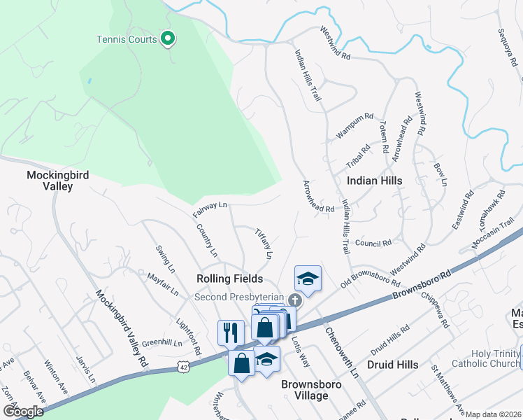 map of restaurants, bars, coffee shops, grocery stores, and more near 3718 Fairway Lane in Louisville