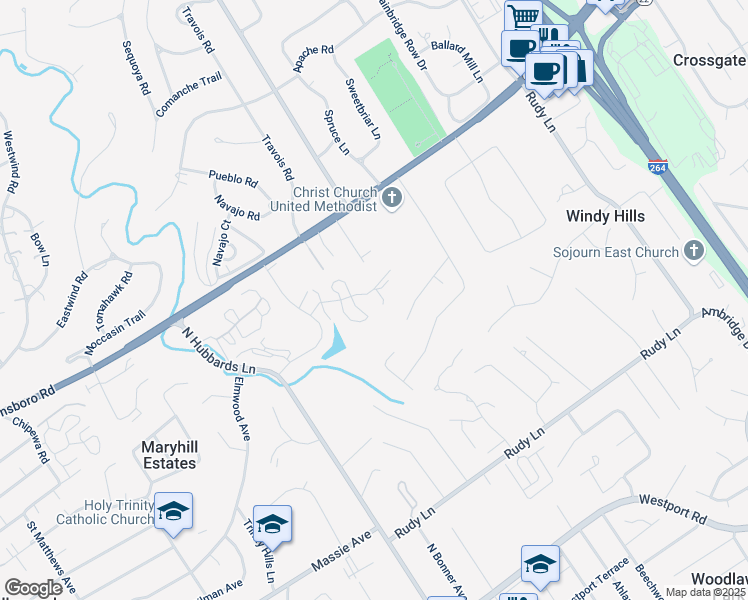 map of restaurants, bars, coffee shops, grocery stores, and more near 5902 Creighton Hill Road in Windy Hills