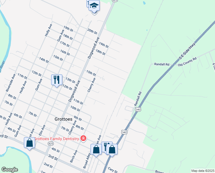 map of restaurants, bars, coffee shops, grocery stores, and more near 104 14th Street in Grottoes