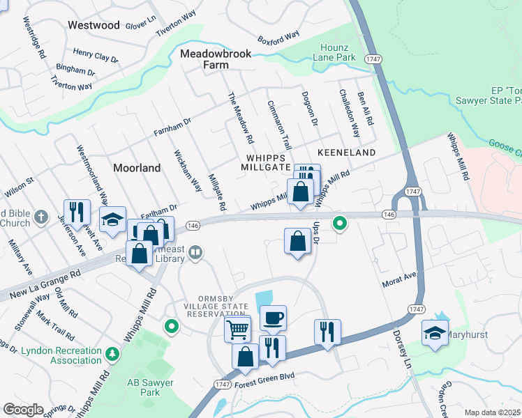 map of restaurants, bars, coffee shops, grocery stores, and more near 9800 Whipps Mill Road in Louisville