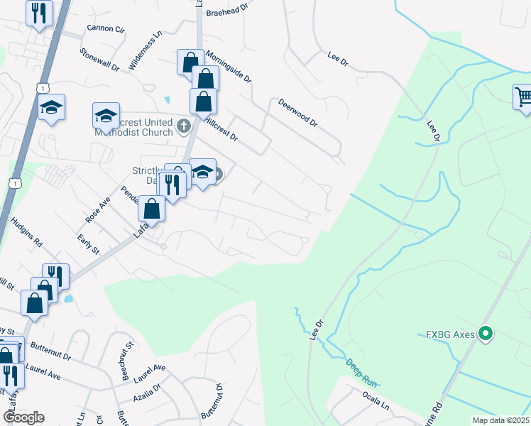 map of restaurants, bars, coffee shops, grocery stores, and more near 181 Farrell Lane in Fredericksburg