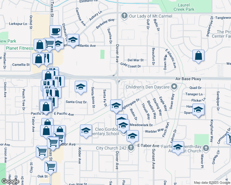 map of restaurants, bars, coffee shops, grocery stores, and more near 2275 Dover Avenue in Fairfield