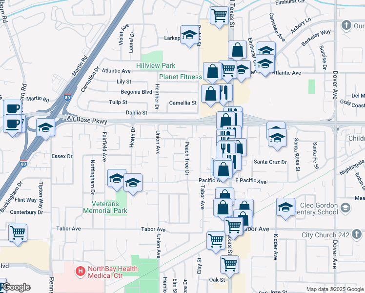 map of restaurants, bars, coffee shops, grocery stores, and more near 2321 Peach Tree Drive in Fairfield