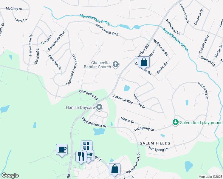map of restaurants, bars, coffee shops, grocery stores, and more near 11308 Gordon Road in Fredericksburg